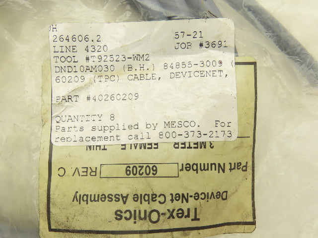 Mesco 60209 Trex-Onics Device Net Cable Assembly 3 Meters Length Rev C Lot of 3