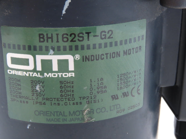 Oriental Motor BHI62ST-G2 Gearmotor 6:1 Gearhead BH6G2-6RH 200W 220V 3PH 266 RPM