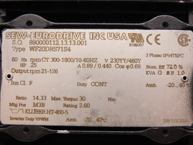 Sew-Eurodrive WF20DRS71S4 Gearmotor 14.3 Ratio 21-126 RPM .25Hp 230/460V 3PH