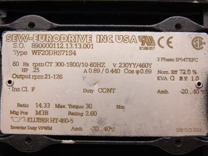 Sew-Eurodrive WF20DRS71S4 Gearmotor 14.3 Ratio 21-126 RPM .25Hp 230/460V 3PH