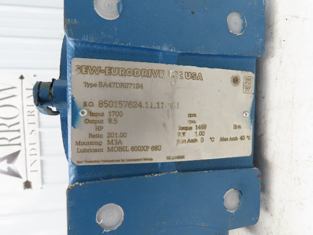 Sew-Eurodrive SA47DRS71S4 Gearmotor 8.5 RPM .33Hp 230/460V Hollow Shaft 201:1