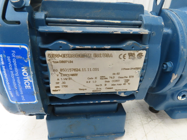 Sew-Eurodrive SA47DRS71S4 Gearmotor 8.5 RPM .33Hp 230/460V Hollow Shaft 201:1