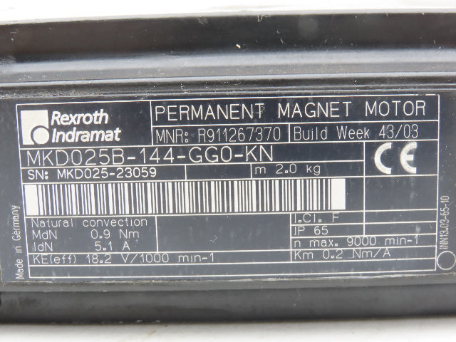 Rexroth Indramat MKD025B-144-GG0-KN Permanent Magnet Servo Motor 94.7VAC 9000rpm