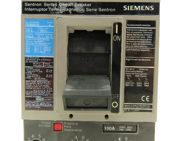 Siemens FXD63B100 SENTRON Series Circuit Breaker 100A 3-Pole 600V Molded Case