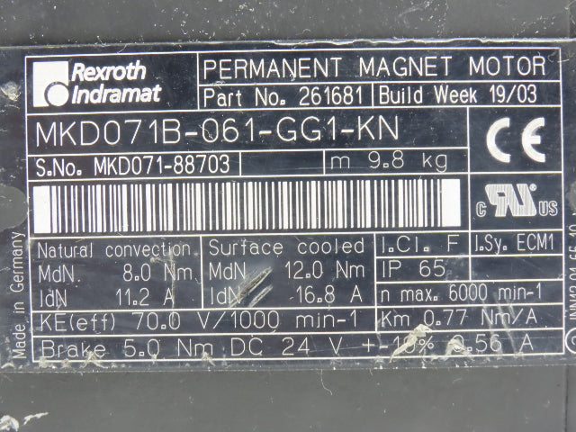 Rexroth Indramat MKD071B-061-GG1-KN Permanent Magnet Servo Motor 380VAC 6000rpm