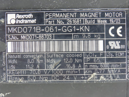 Rexroth Indramat MKD071B-061-GG1-KN Permanent Magnet Servo Motor 380VAC 6000rpm