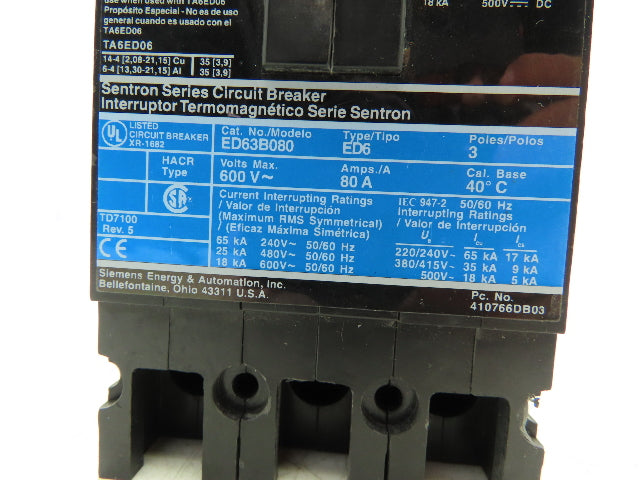 Siemens ED43B080 SENTRON 80A Circuit Breaker 480V 3-Pole