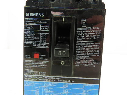 Siemens ED43B080 SENTRON 80A Circuit Breaker 480V 3-Pole
