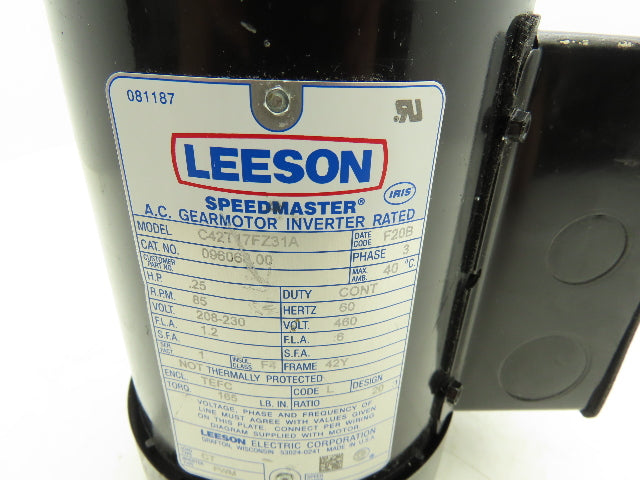 Leeson 096068.00 Gearmotor 20:1 Ratio 85rpm 230/460V 3PH C42T17FZ31A 3/4" Shaft