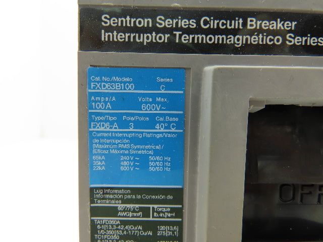 Siemens FXD63B100 SENTRON Series 100A Circuit Breaker 3-Pole 600V Molded Case