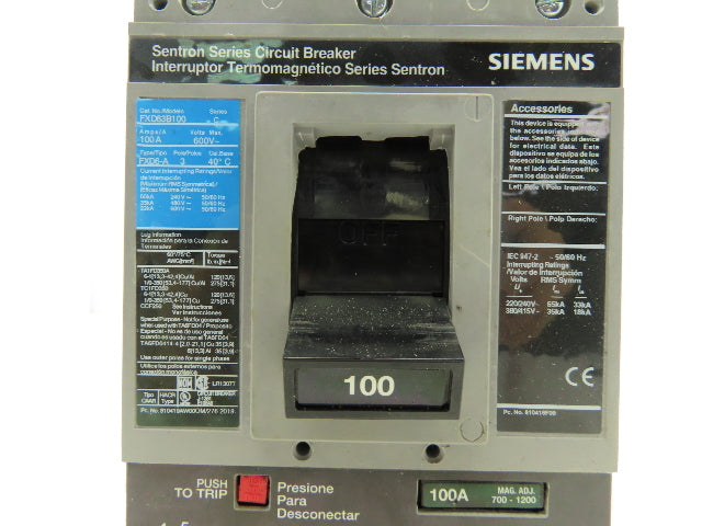 Siemens FXD63B100 SENTRON Series 100A Circuit Breaker 3-Pole 600V Molded Case