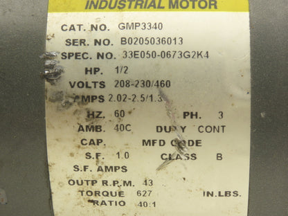 Baldor GMP3340 Gearmotor 40:1 Ratio 1/2Hp 43rpm 230/460V 3PH 3/4" Shaft