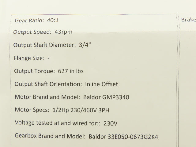 Baldor GMP3340 Gearmotor 40:1 Ratio 1/2Hp 43rpm 230/460V 3PH 3/4" Shaft