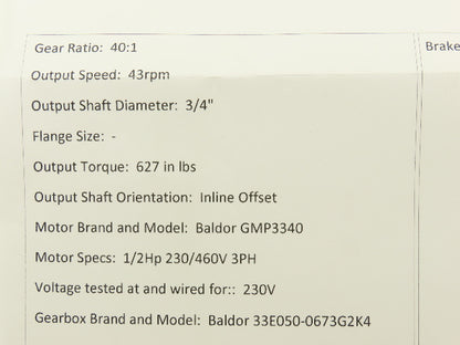 Baldor GMP3340 Gearmotor 40:1 Ratio 1/2Hp 43rpm 230/460V 3PH 3/4" Shaft