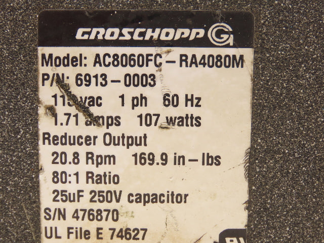 Groschopp AC8060FC-RA4080M Gearmotor 80:1 Ratio 107W 115VAC 1Ph 3/4" Hollow Bore