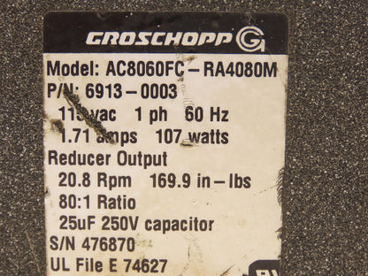 Groschopp AC8060FC-RA4080M Gearmotor 80:1 Ratio 107W 115VAC 1Ph 3/4" Hollow Bore