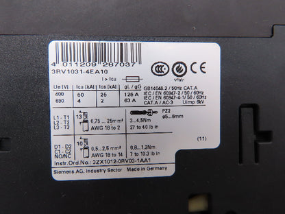 Siemens 3RV1031-4EA10 Circuit Breaker 22-32 Amp 30Hp 600VAC 3Ph Lot of 4