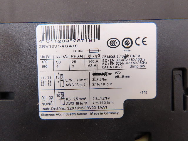 Siemens 3RV1031-4GA10 Circuit Breaker 36-45 Amp 30Hp 600VAC 3Ph Lot of 4