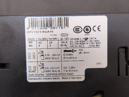 Siemens 3RV1031-4GA10 Circuit Breaker 36-45 Amp 30Hp 600VAC 3Ph Lot of 4