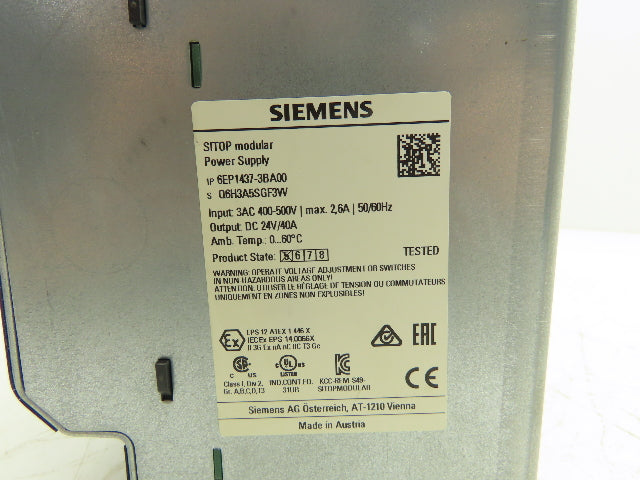 Siemens 6EP1437-3BA00 SITOP Modular Power Supply 24VDC 40A Out 480V 3Ph In