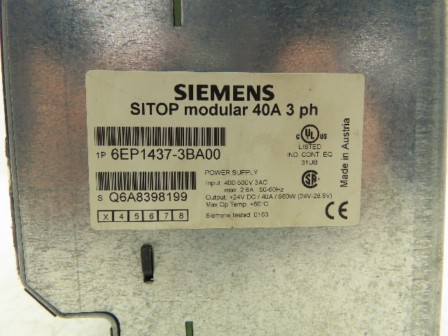Siemens 6EP1437-3BA00 SITOP Modular Power Supply 24VDC 40A Out 480V 3Ph In