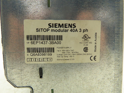 Siemens 6EP1437-3BA00 SITOP Modular Power Supply 24VDC 40A Out 480V 3Ph In