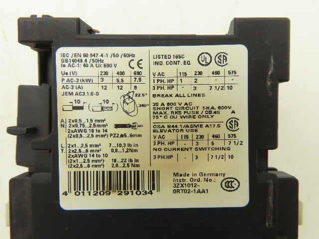 Siemens 3RT1024-1BB40 Motor Starter Contactor 12A 10Hp 575V 3P 24VDC Lot of 6