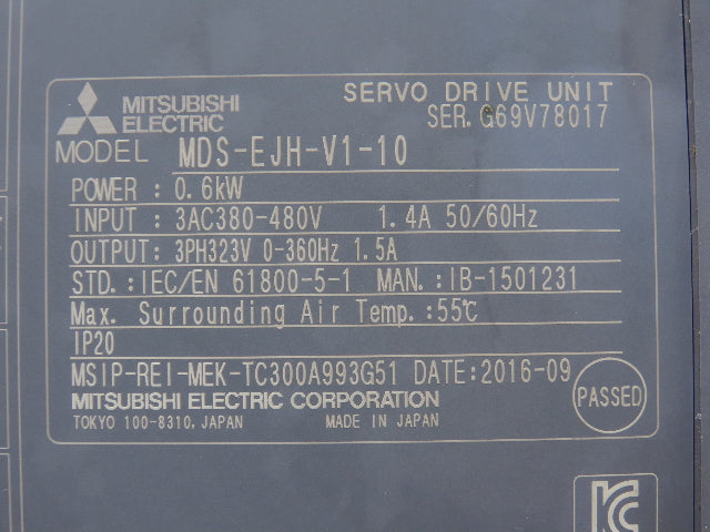 Mitsubishi MDS-EJH-V1-10 AC Servo Drive Unit 0.6kW 1.5A 3Ph 323V 0-360Hz Output