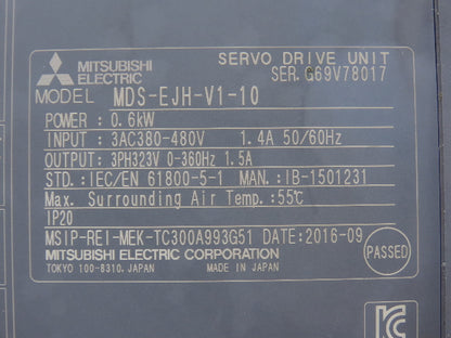 Mitsubishi MDS-EJH-V1-10 AC Servo Drive Unit 0.6kW 1.5A 3Ph 323V 0-360Hz Output