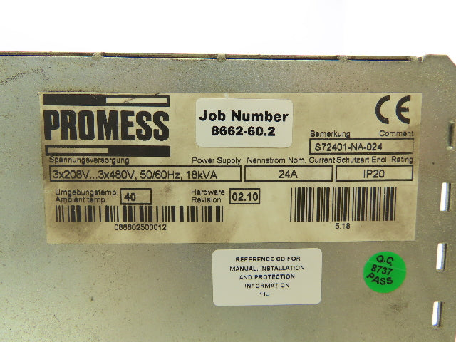 Promess S72401-NA-024 Digital Servo Drive Amplifier 480V 3PH 18kVa 24A Rev2.1