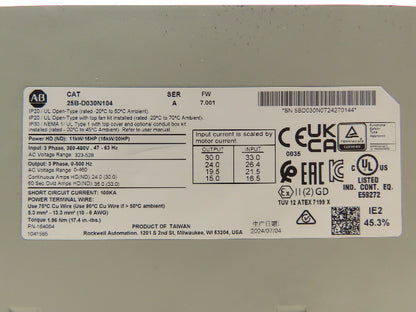 Allen Bradley 25B-D030N104 PowerFlex 525 VFD 500Hz 20Hp 460v 30A FRN 7.001 Ser A