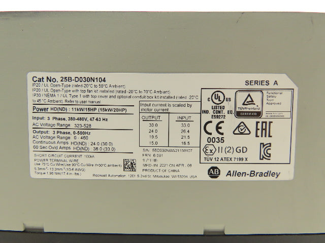 Allen Bradley 25B-D030N104 PowerFlex 525 VFD 500Hz 20Hp 460v 30A FRN 6.001 Ser A