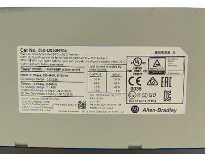 Allen Bradley 25B-D030N104 PowerFlex 525 VFD 500Hz 20Hp 460v 30A FRN 6.001 Ser A