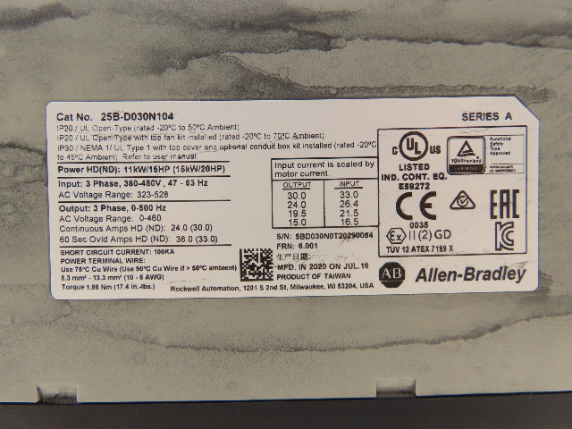 Allen Bradley 25B-D030N104 PowerFlex 525 VFD 500Hz 20Hp 460v 30A Ser A FRN 6.001