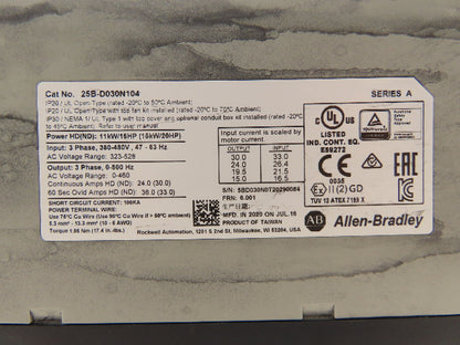 Allen Bradley 25B-D030N104 PowerFlex 525 VFD 500Hz 20Hp 460v 30A Ser A FRN 6.001