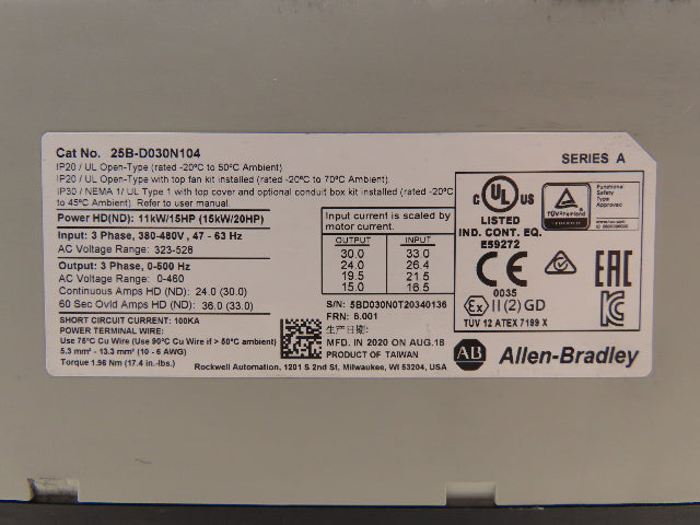 Allen Bradley 25B-D030N104 PowerFlex 525 VFD 500Hz 20Hp 460v 30A FRN 6.001 Ser A
