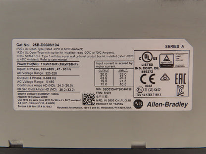 Allen Bradley 25B-D030N104 PowerFlex 525 VFD 500Hz 20Hp 460v 30A FRN 6.001 Ser A