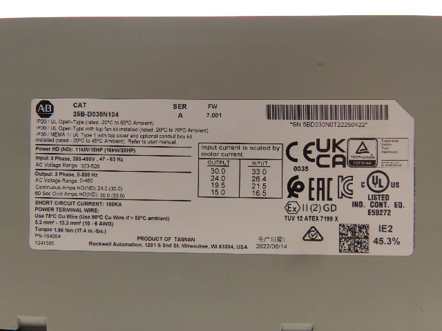 Allen Bradley 25B-D030N104 PowerFlex 525 VFD 500Hz 20Hp 460v 30A Ser A FRN 7.001