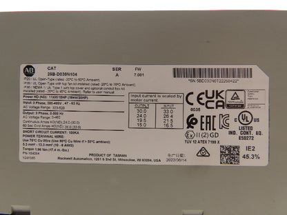 Allen Bradley 25B-D030N104 PowerFlex 525 VFD 500Hz 20Hp 460v 30A Ser A FRN 7.001