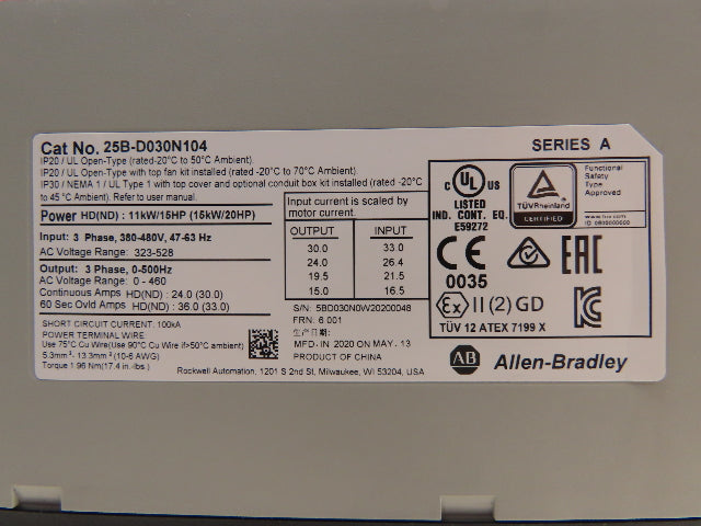 Allen Bradley 25B-D030N104 PowerFlex 525 VFD 500Hz 20Hp 460v 30A Ser A FRN 6.001