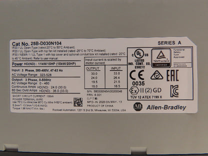 Allen Bradley 25B-D030N104 PowerFlex 525 VFD 500Hz 20Hp 460v 30A Ser A FRN 6.001