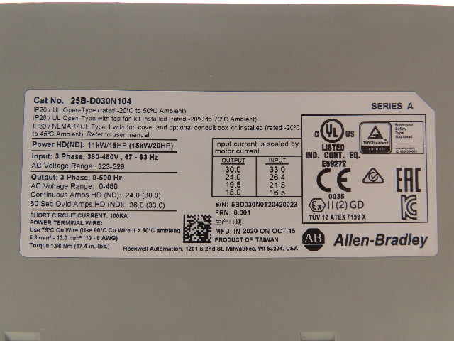 Allen Bradley 25B-D030N104 PowerFlex 525 VFD 20Hp 460v 500Hz 30A Ser A FRN 6.001
