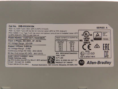 Allen Bradley 25B-D030N104 PowerFlex 525 VFD 20Hp 460v 500Hz 30A Ser A FRN 6.001