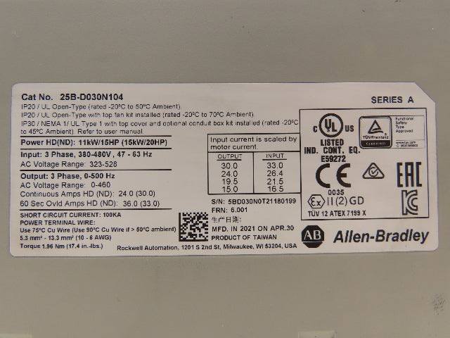 Allen Bradley 25B-D030N104 PowerFlex 525 VFD 20Hp 460v 500Hz 30A Ser A FRN 6.001