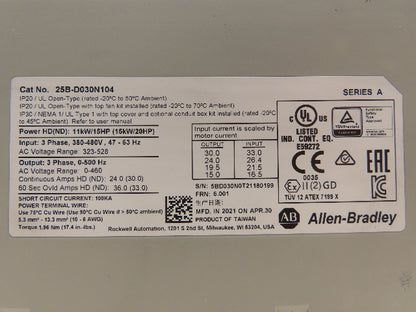 Allen Bradley 25B-D030N104 PowerFlex 525 VFD 20Hp 460v 500Hz 30A Ser A FRN 6.001
