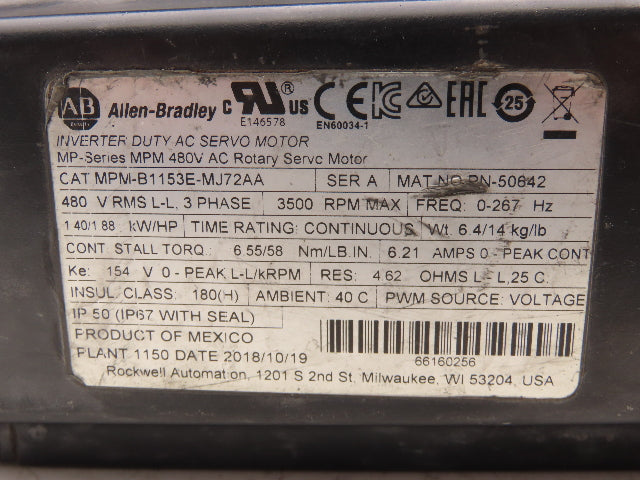 Allen Bradley MPM-B1153E-MJ72AA Kinetix AC Servo Motor 1.88Hp 3500 RPM 480V 3PH