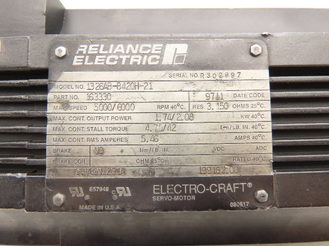 Reliance Electric 1326AB-B420H-21 Servo Motor 1.74/2.08kW 5000/6000RPM SERIES C