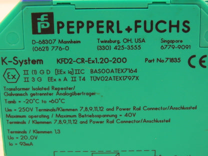 Pepperl+Fuchs KFD2-CR-EX1.20-200 Transformer Isolated Repeater 20-30VDC 0-20mA