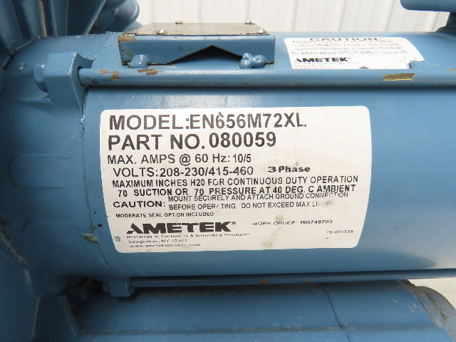 Ametek Rotron EN656M72XL Regenerative Blower 212CFM 3Hp 3475RPM 230/460V 3PH