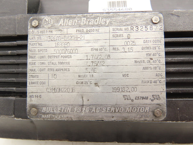 Allen Bradley 1326AB-B420H-21  AC Servo Motor 2.08kW 6000RPM Ser C